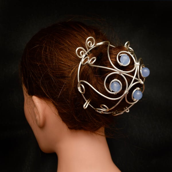 Light pale blue agates Silver Spiral design silver bun cage,hair bun holder,