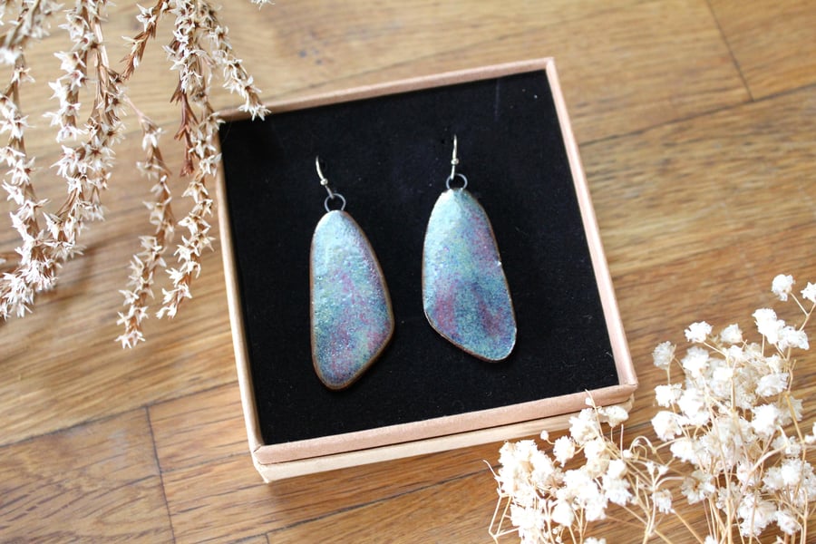 Blue Iridescent Ceramic Earrings, natural, sustainable, french hook stainless st