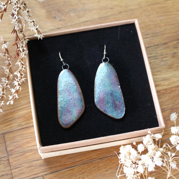 Blue Iridescent Ceramic Earrings, natural, sustainable, french hook stainless st