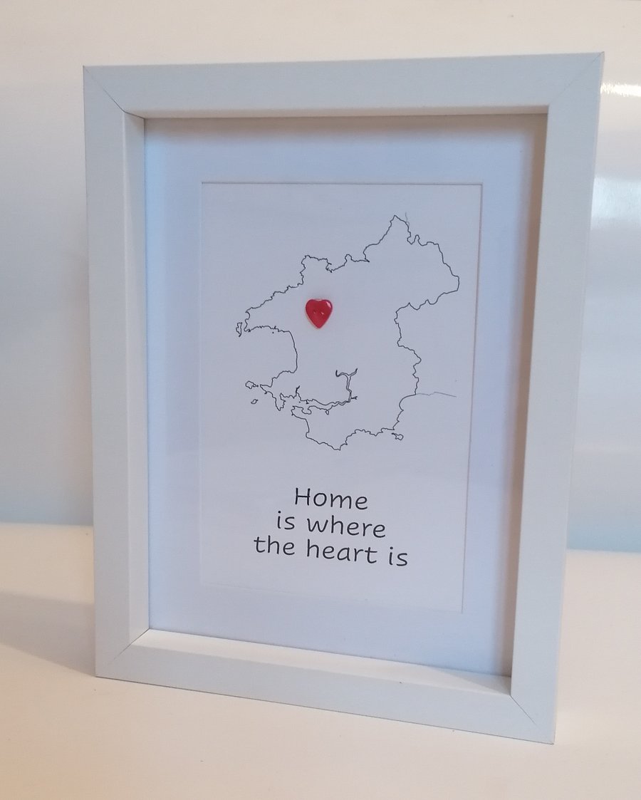 Pembrokeshire map white photo frame. Heart button "Home is where the heart is"
