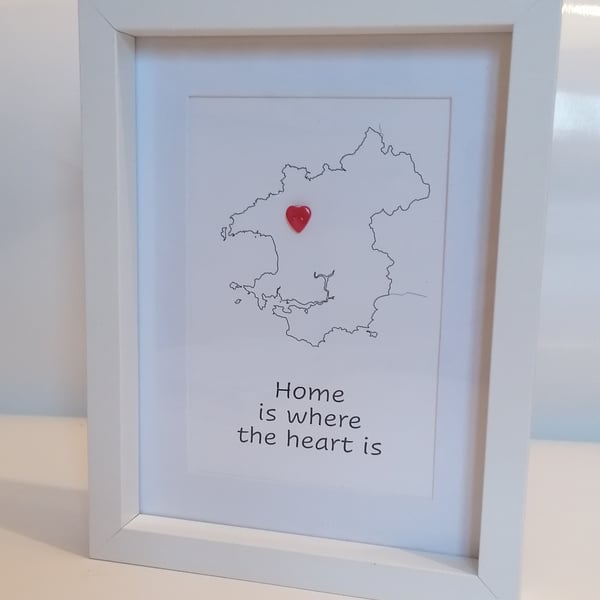 Pembrokeshire map white photo frame. Heart button "Home is where the heart is"