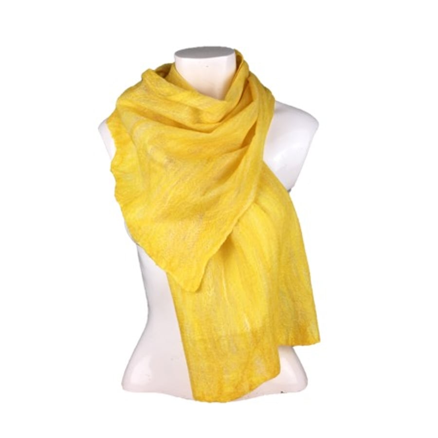 Seconds Sunday - Nuno felted scarf in yellow merino wool and silk fibres 
