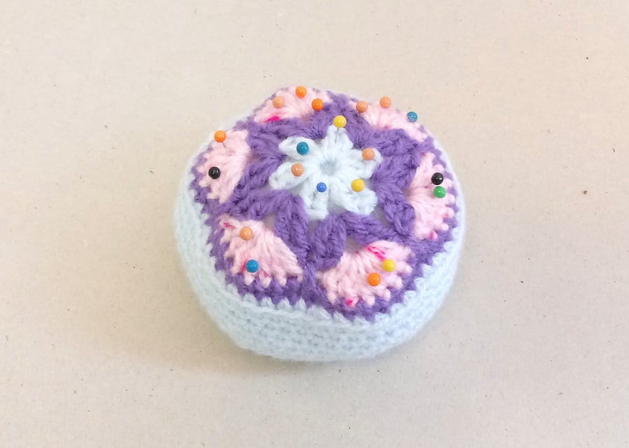 Pin cushion  flower pattern in blue, purple and pink, crochet pin cushion