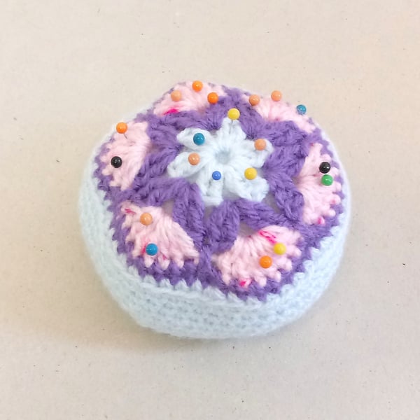 Pin cushion  flower pattern in blue, purple and pink, crochet pin cushion