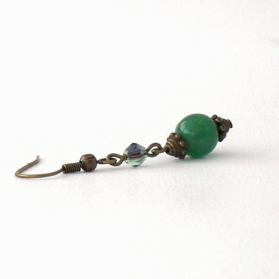 Green jade and crystal bronze earrings