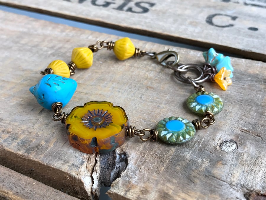 Yellow & Blue Czech Glass Bracelet. Whimsical Bird Bracelet. One of a Kind