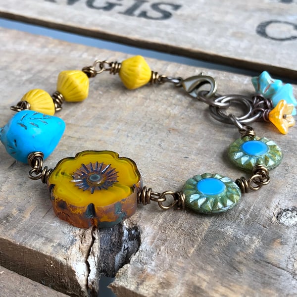Whimsical Bird Bracelet - Yellow & Blue Czech Glass - Colourful Summer Jewellery