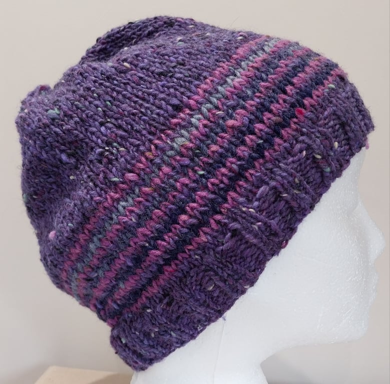 Handknit Donegal Hat in Purple with stripes MED