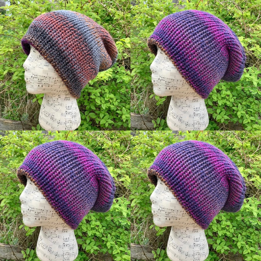 Reversible Hat. Beanie. Slouchy. Knitted Hat. Woolly Hat. Purple Hat. Brown Hat.