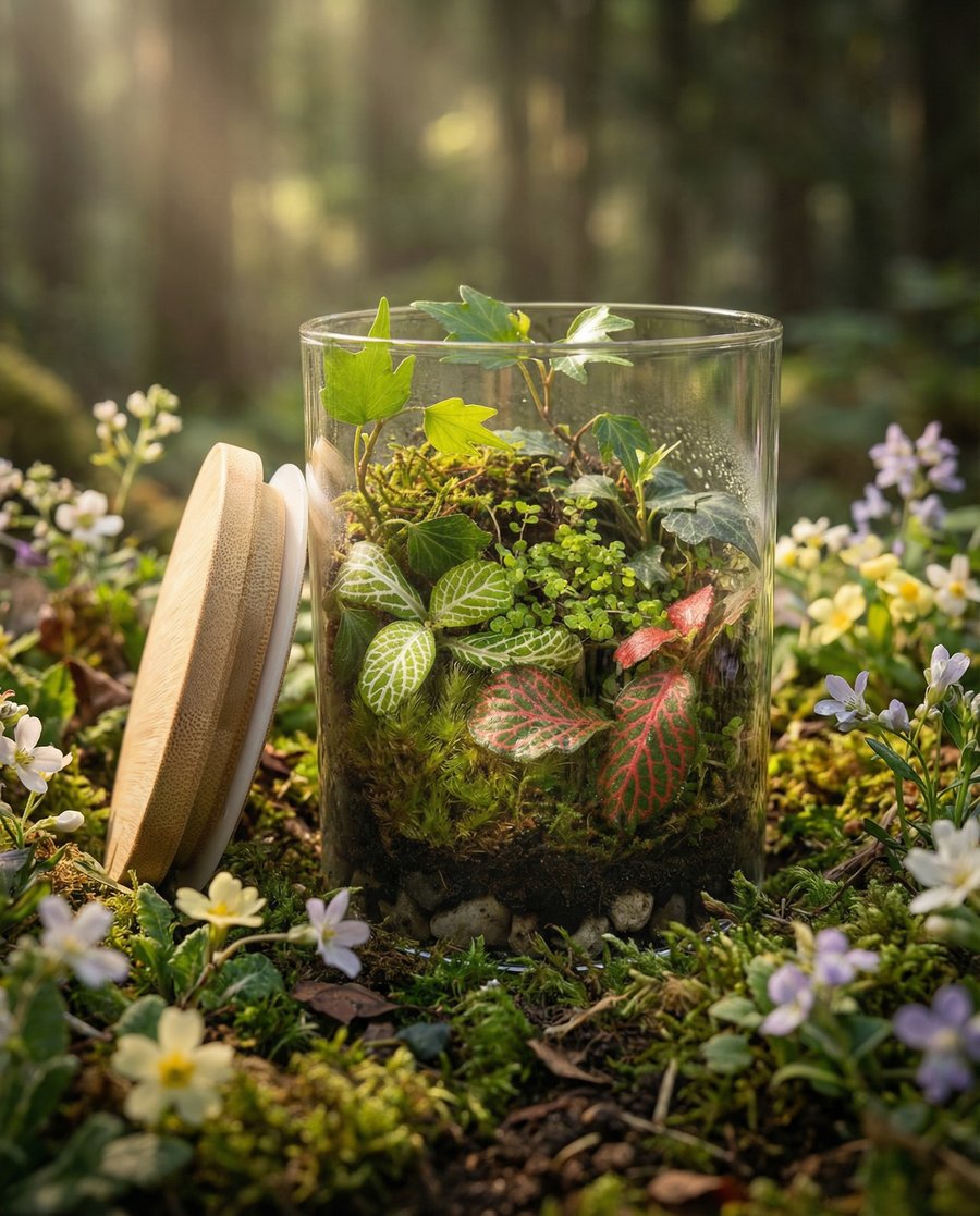 DIY Fittonia Terrarium Kit – Handmade Indoor Garden with Glass, Moss & Plants.