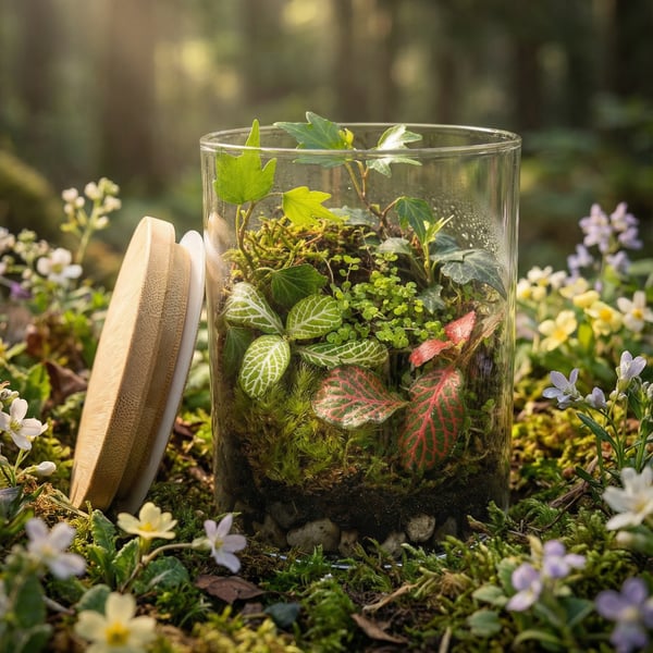 DIY Fittonia Terrarium Kit – Handmade Indoor Garden with Glass, Moss & Plants.
