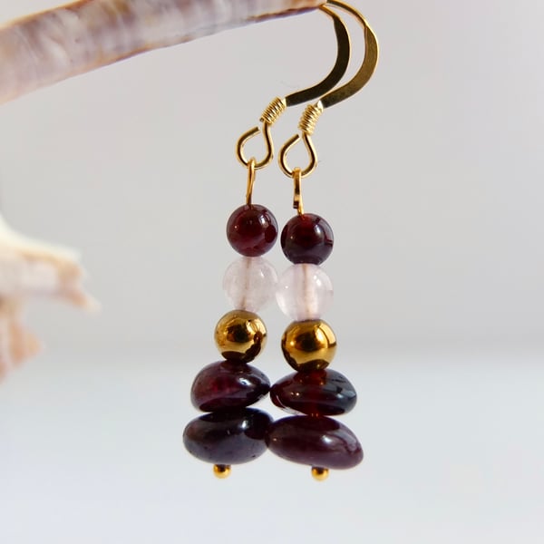 Garnet And Rose Quartz Earrings With Golden Hematite - Handmade In Devon.