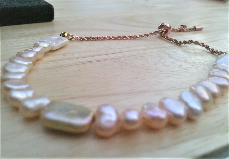 Freshwater  Pearl Bracelet, Peach Pearls, Rose Gold Plated Slider Bracelet