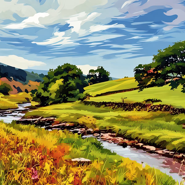 A4 Print Trees & Stream in Dales Yorkshire 