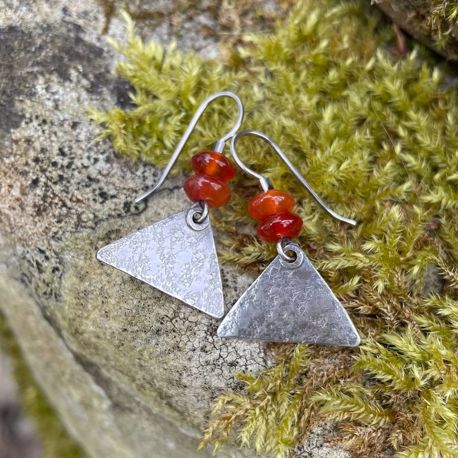 Oxidised sterling silver triangle drop earrings with bright carnelian beads