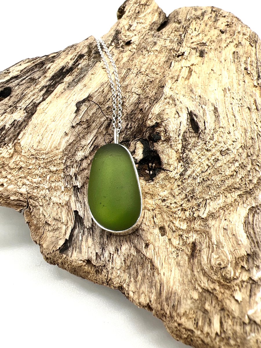 Olive Green Teardrop Sea Glass Necklace 
