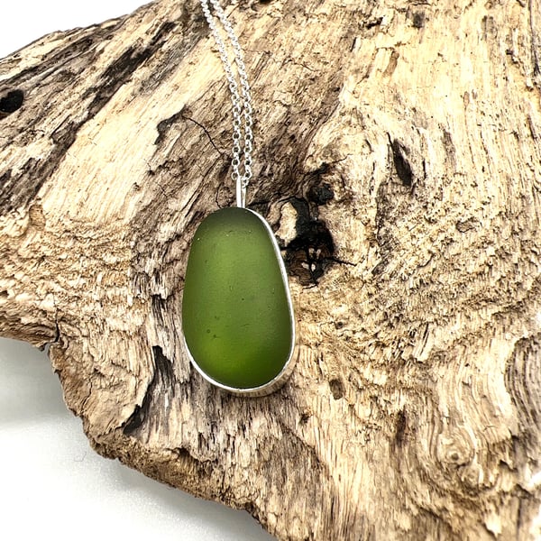 Olive Green Teardrop Sea Glass Necklace 