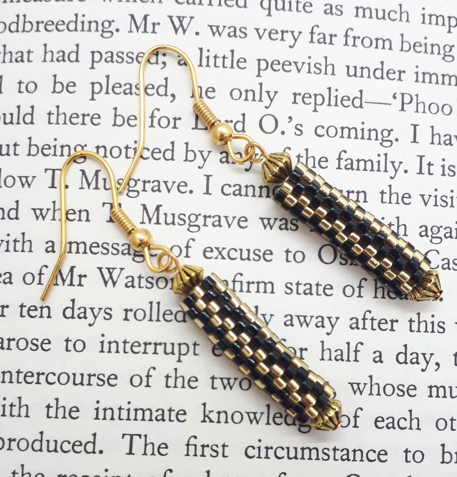 Gold and Black Striped Beadwoven Dangly Tube Earrings, Surgical Steel Earwires