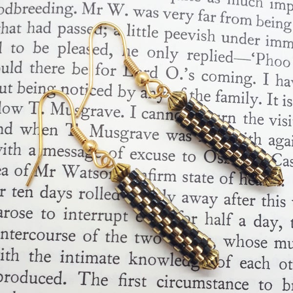 Gold and Black Striped Beadwoven Dangly Tube Earrings, Surgical Steel Earwires