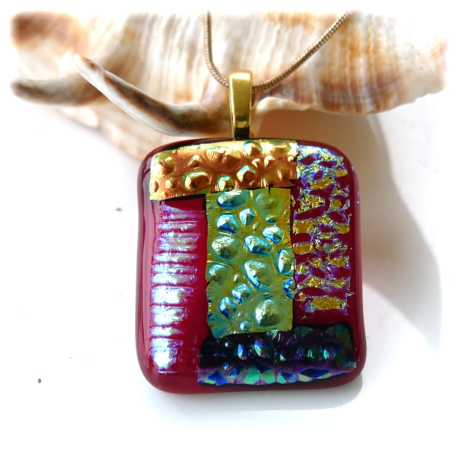 Patchwork Dichroic Fused Glass Pendant P017 gold plated chain