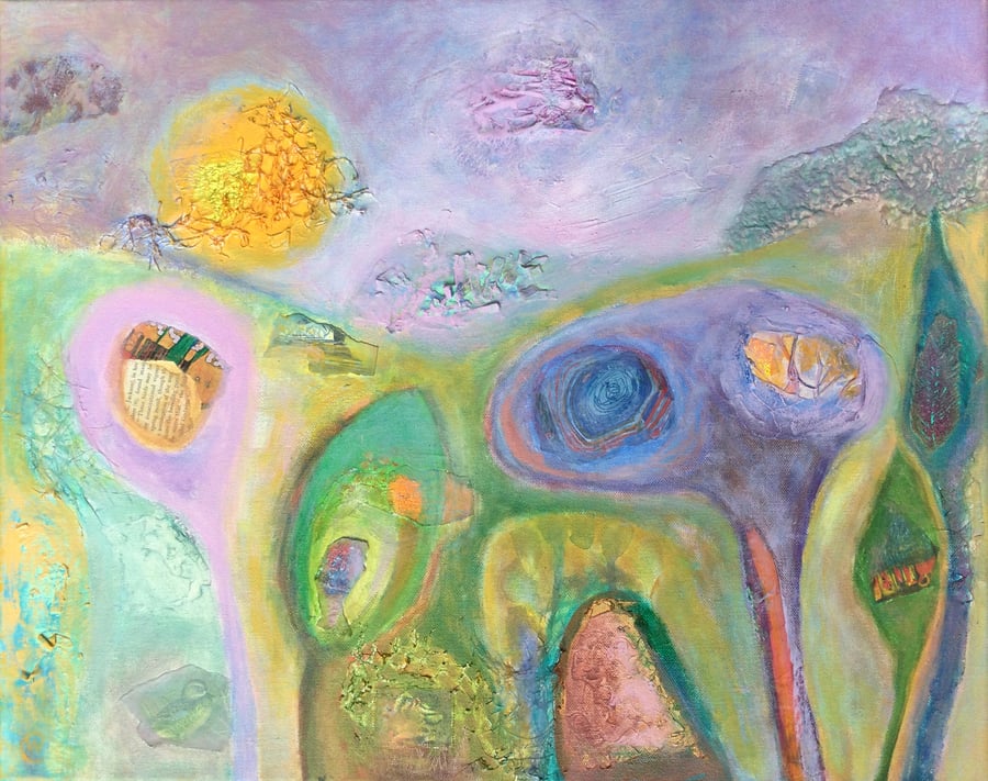  SALE- Abstract Art,mixed media and oils landscape in purple and green shades, 