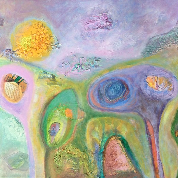  SALE- Abstract Art,mixed media and oils landscape in purple and green shades, 