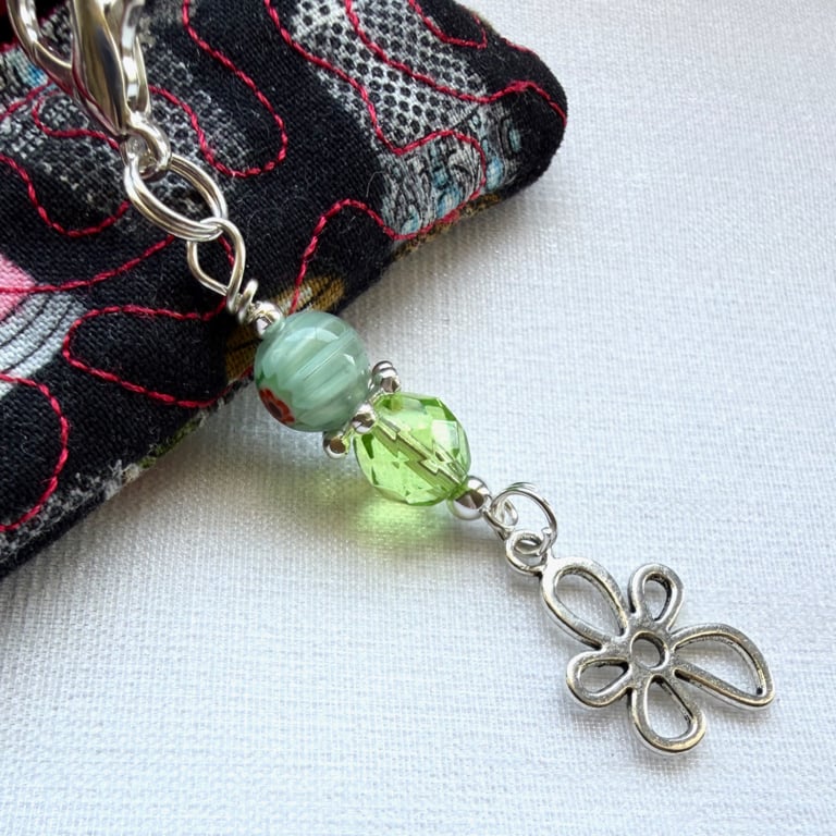 Beaded journal planner charm with green silver beads, clip on bag charm 
