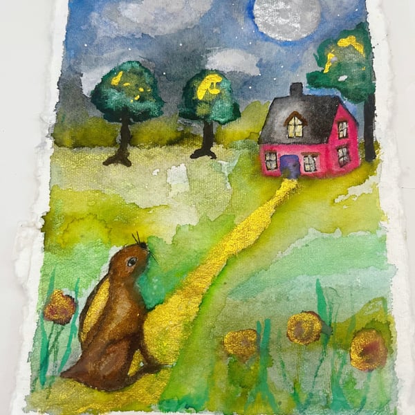 Watercolour Moongazing Hare Original Art 