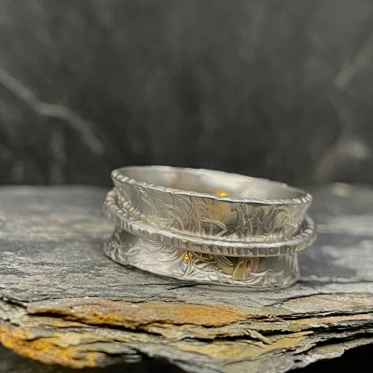 Silver Spinner Ring-“Faceted Moon and Circle” 