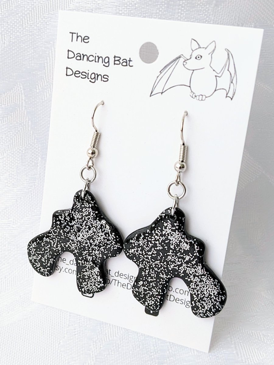 Medium Squiggle Arch Earrings Black With Silver Glitter, Ear Wires, Polymer Clay