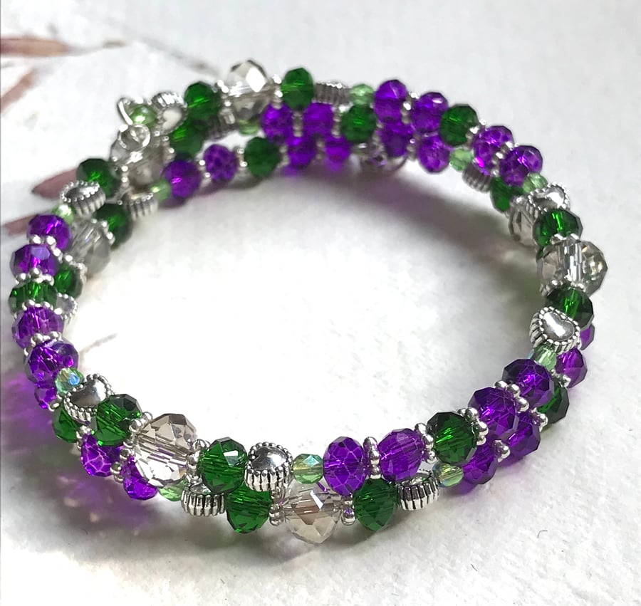 Purple and Green Goddess Beaded Memory Wire Bracelet
