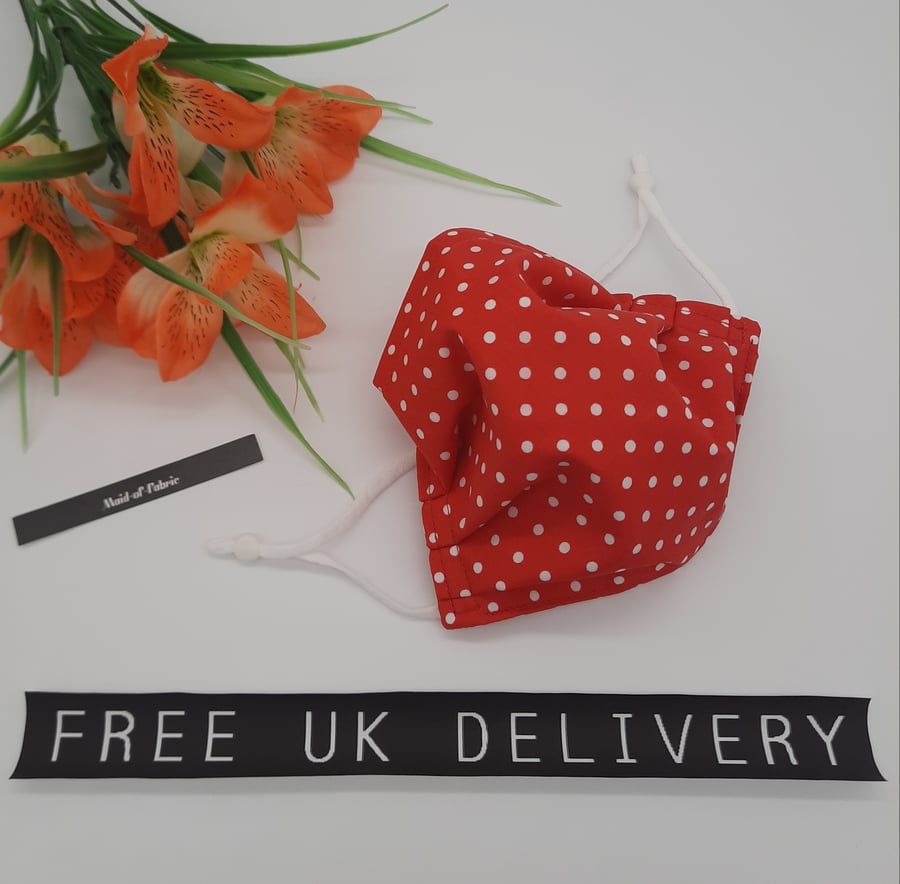 Face mask, small, adjustable,  3 layer,  nose wire,  washable in red polkadot 