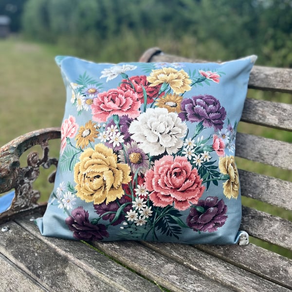 Vintage Sanderson Moira cushion cover with blue striped back