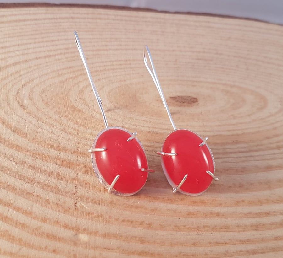 Sterling Silver Long drop Earrings With Red Jade Oval Cabochon