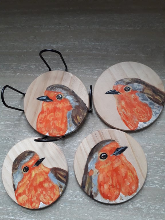 "Robins" original handpainted wooden coasters, set of 4 with holder