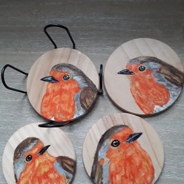 "Robins" original handpainted wooden coasters, set of 4 with holder