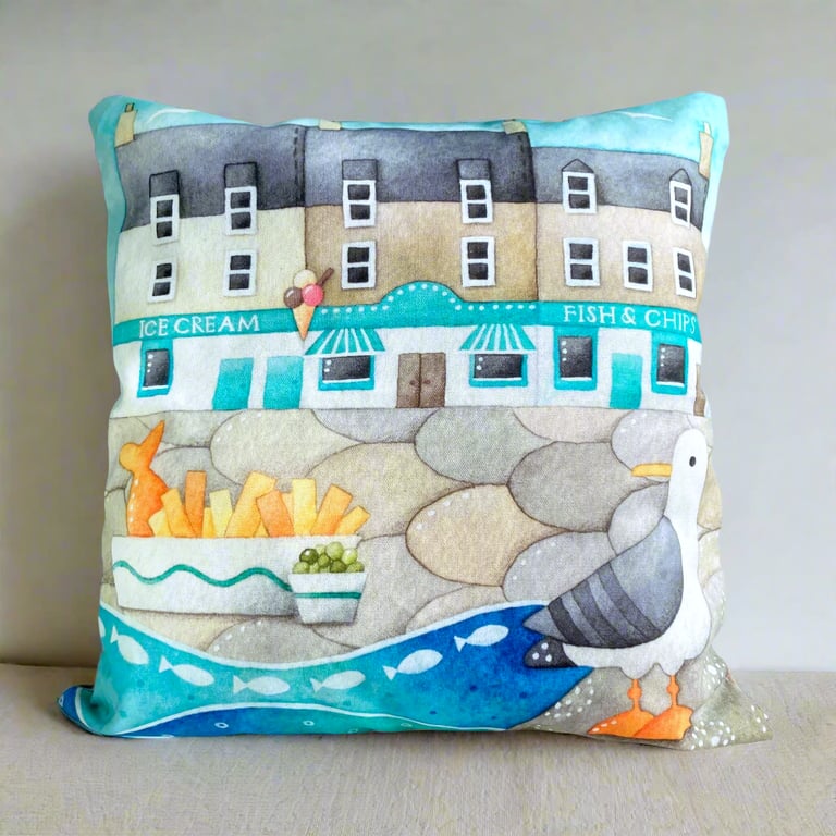 Seagull Cushion Cover - Fish and Chip Shop - Cute Seaside Art. Coastal Decor