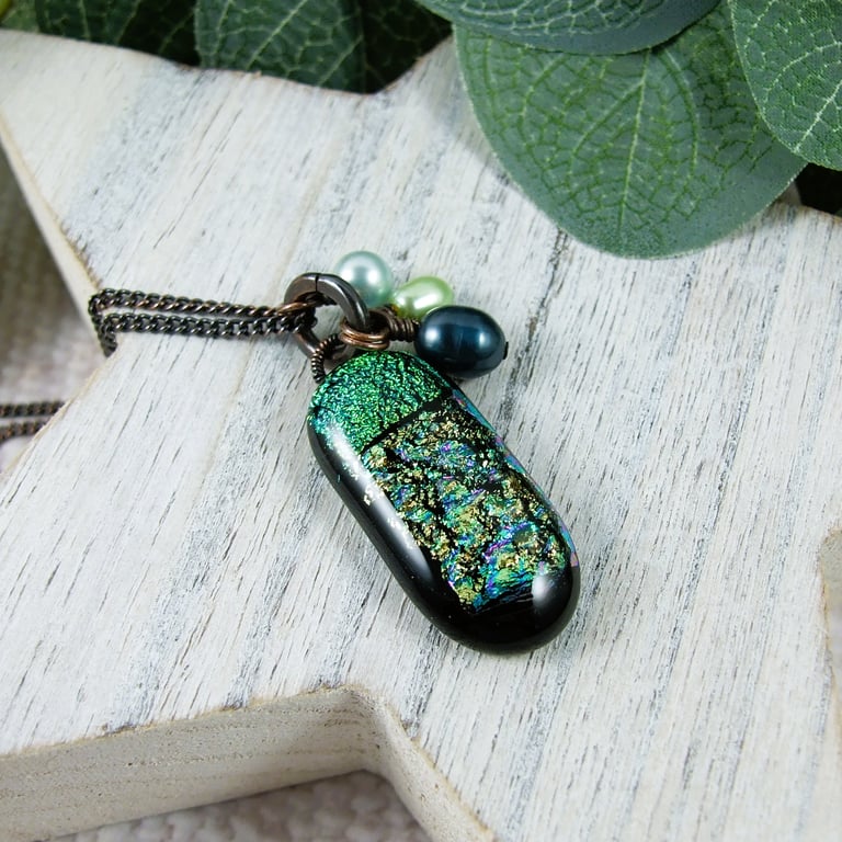 Dichroic Glass and Copper Necklace with Pearls