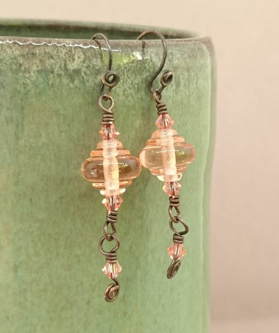 Peach glass and crystal copper earrings