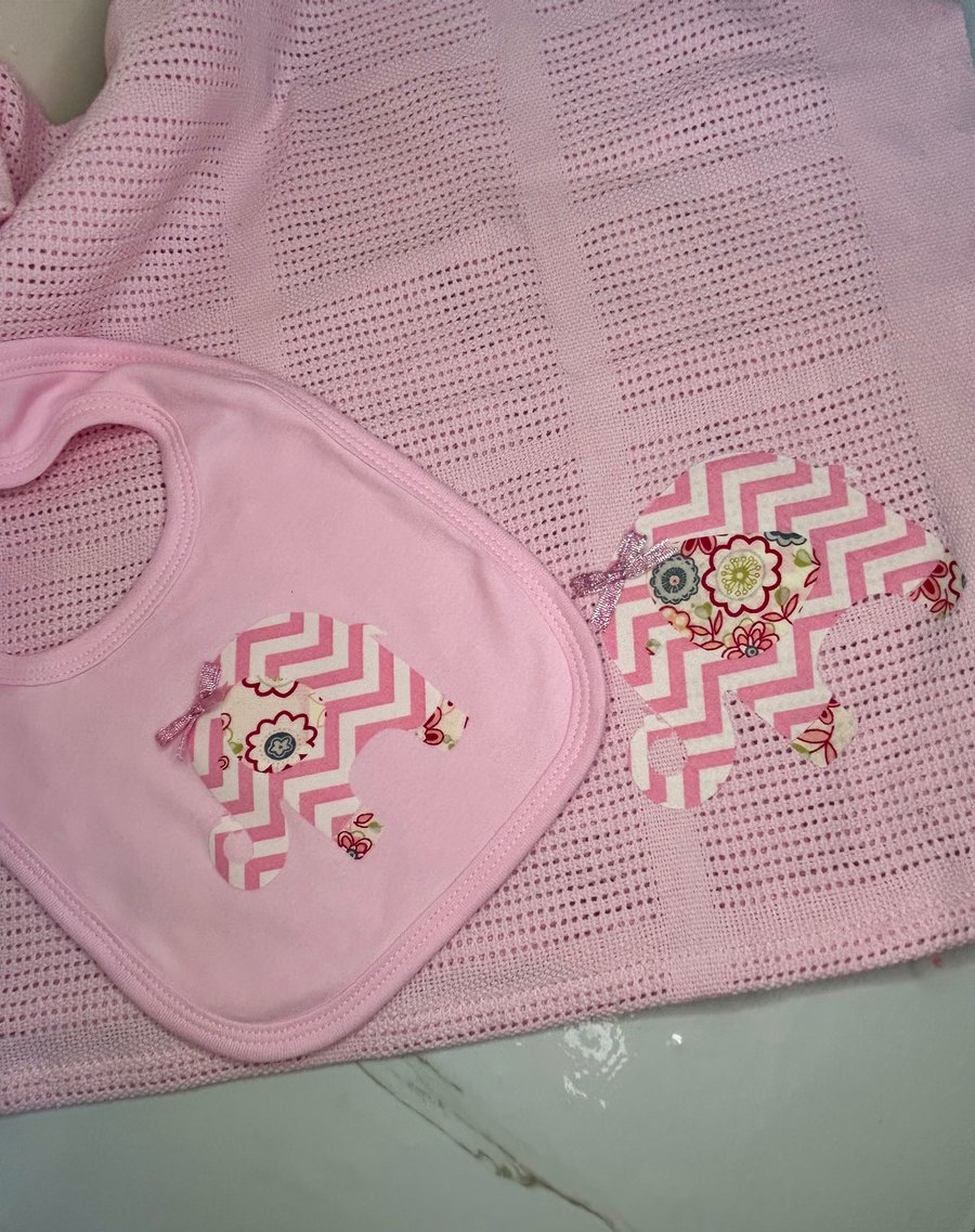Pink Bib and blanket, with patchwork elephant design.