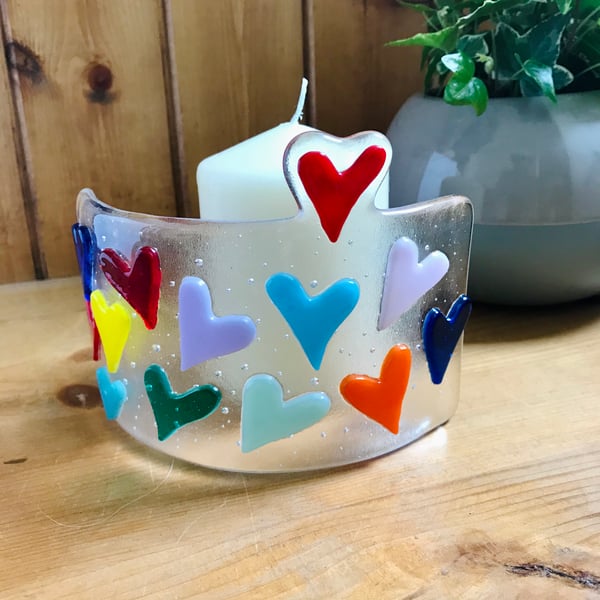 Heart fused glass candle surround. Reduced in price.