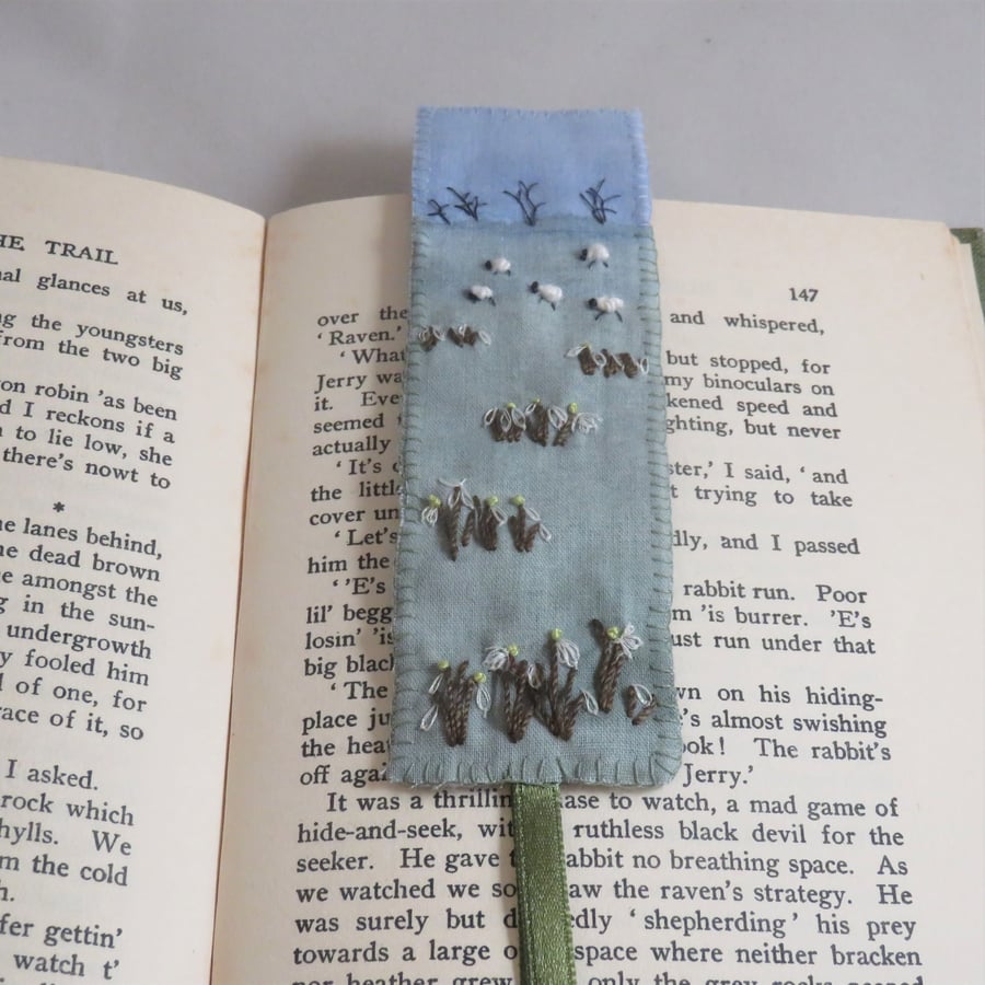 Winter Snowdrops and sheep bookmark - painted and stitched