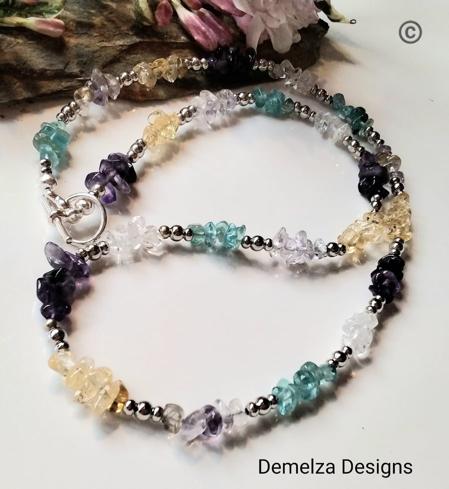 Ombre Multi Gemstone Necklace Silver Plated