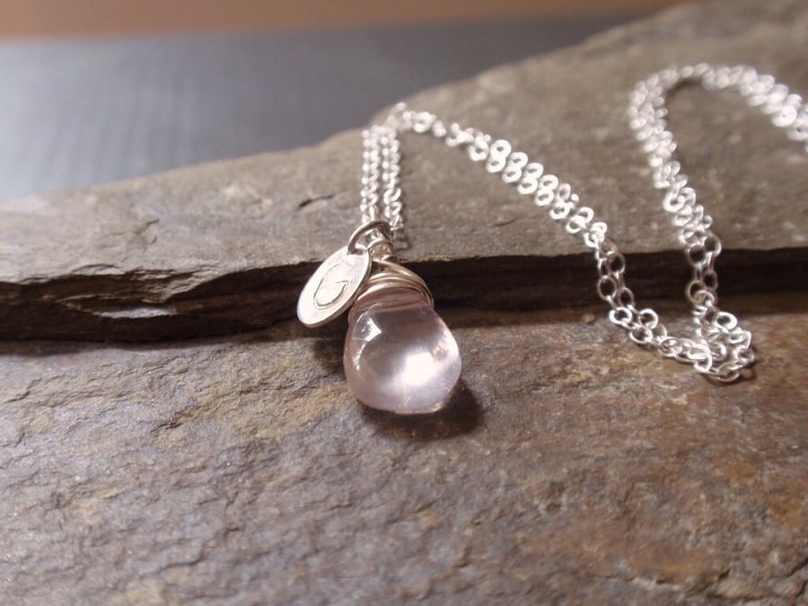 Rose quartz necklace and sterling silver initial, lovely personalised gift