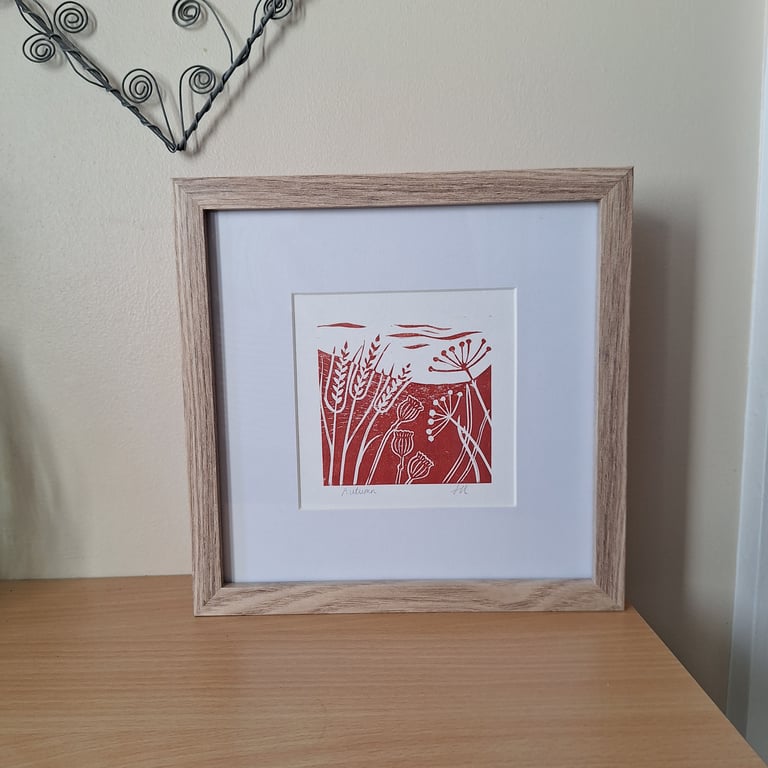 An original handprinted linoprint of an autumnal scene. 'Autumn'