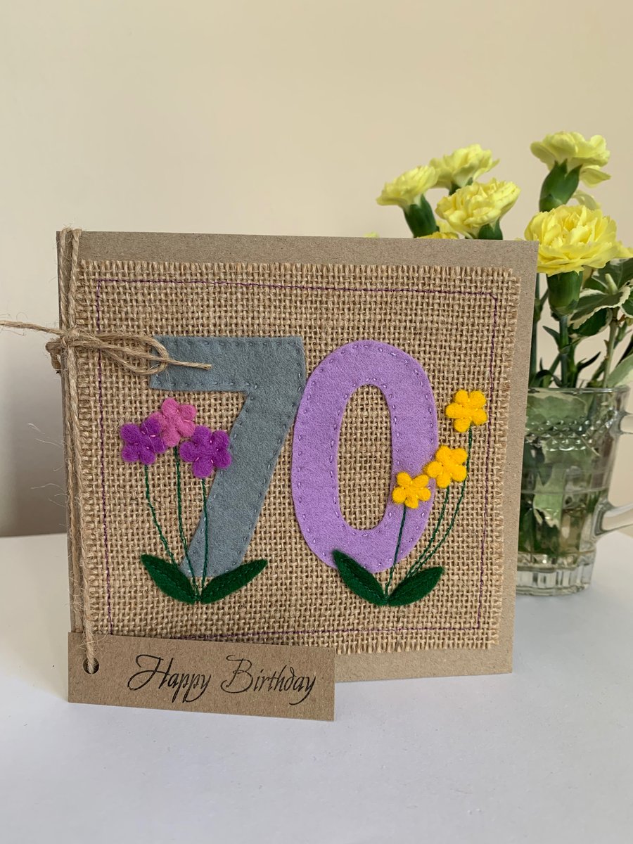Handmade 70th Birthday Card. Keepsake card. Textile Card.