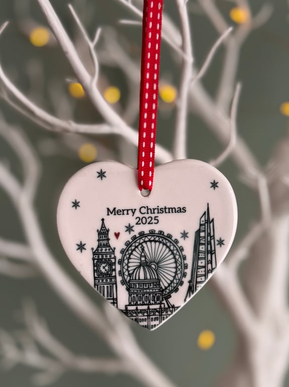 Merry Christmas 2025 Heart Illustrated London Ceramic Decoration