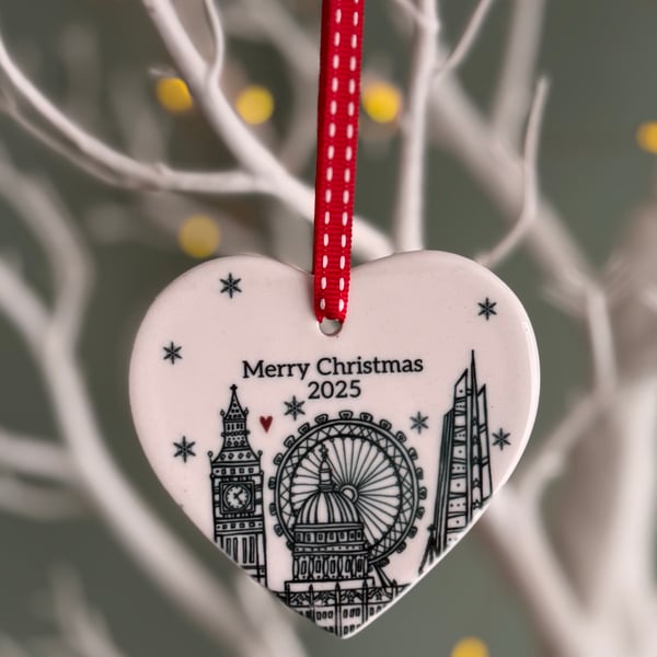 Merry Christmas 2025 Heart Illustrated London Ceramic Decoration
