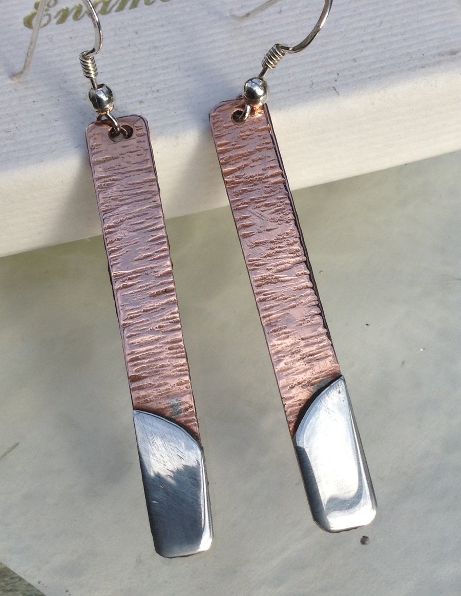 Slim Straight Textured Copper and Fine silver earrings