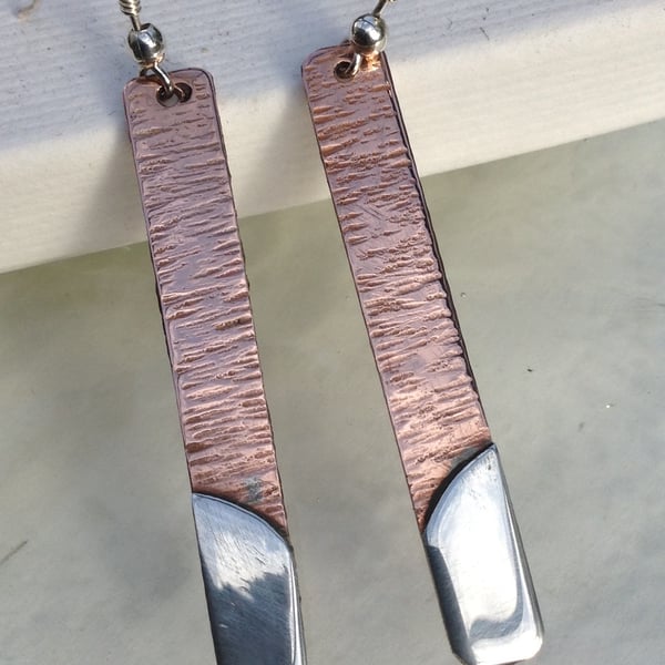 Slim Straight Textured Copper and Fine silver earrings